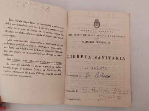 Libreta Sanitaria 1949 - 1950 Peronismo 1