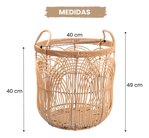 Cesto Decorativo Arcos Redondo C/ Alças 49cm Textura Rattan 1