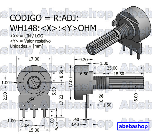 Potenciometro 10kohm Logarítmico Eje 25mm 1