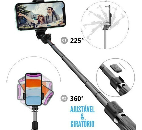 Bastão Pau Selfie Celular Controle Via Bluetooth Tripé Cor Preto 1