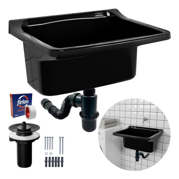 Tanque Plástico 22l Lavanderia Preto + Sifão Copo Universal 0