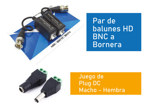 Pack Balun Conector + Plug Dc Macho Hembra Utp Cctv Camara 1