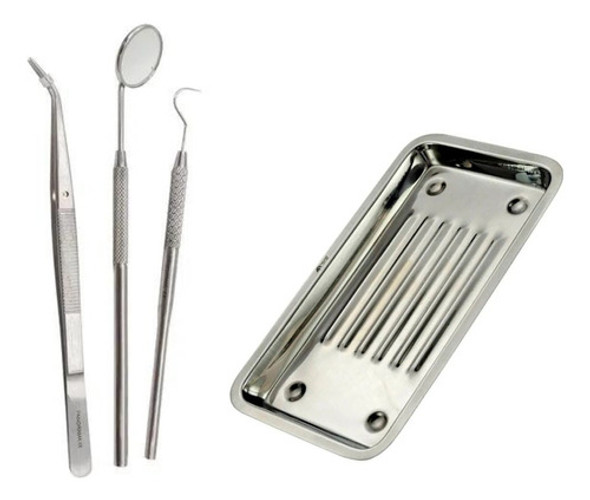 Combo Triada Dental Espejo Explorador Pinza + Bandeja Acero 0
