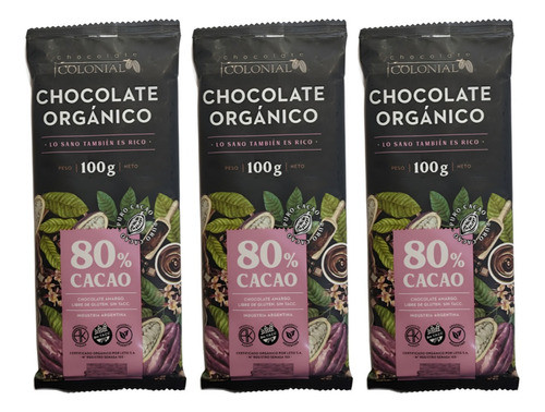 Chocolate Amargo Organico 80% Colonial Sin Tacc 100g Pack X3 0