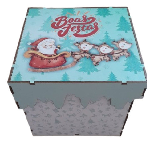 Caixa Mdf Adesivada Feliz Natal Presente 16x16x16 Papai Noel 0