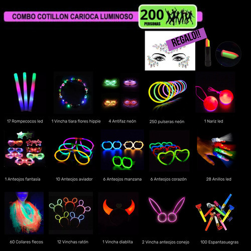Combo Cotillon Luminoso Led Neon 200 Personas Casamiento 1