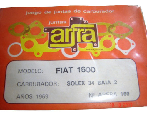 Juego Juntas Carburador Solex 34 Baia 2 Fiat 1600 1969 0