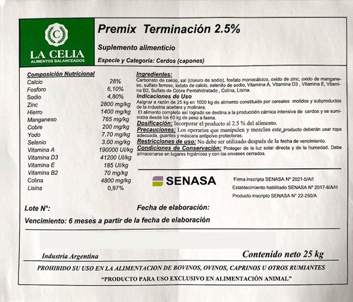 Premezcla Termin. Al 2,5% (p/ Cerdos Desde 60kg) X 25kg. 1