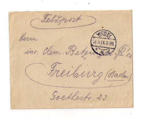 Alemania Sobre Feldpost Circ. Desde Wesel, 1ra Guerra, 1914 0