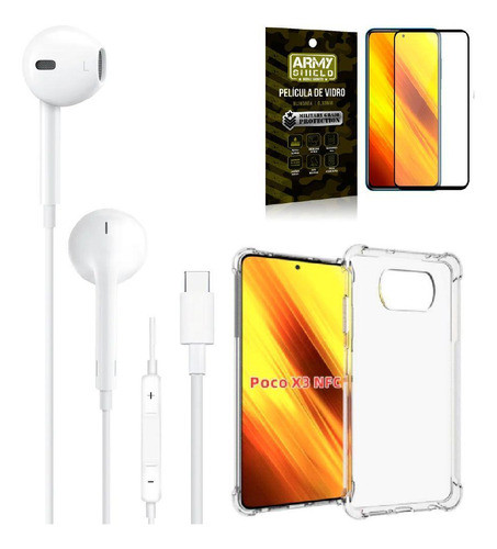 Fone Tipo C + Capa Anti Impacto + Película 3d - Armyshield 0