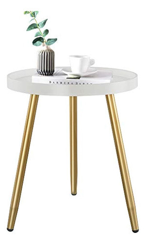 Mesa Auxiliar Redonda Dorada, Mesa De Bandeja De Madera Con 0
