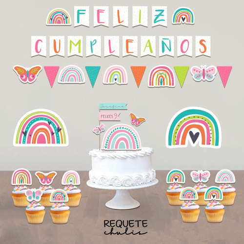 Kit Cumpleaños Decoración Cake Topper Banderín Arcoiris Boho 1