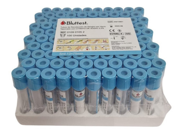 Tubos Citrato De Sodio 3,2% 5ml Vacio Bluttest X 100 Prp 1 Tubos Citrato De Sodio 3,2% 5ml Vacio Bluttest X 100 Prp 1