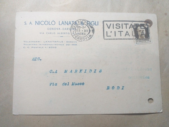 Italia Tarjeta Postal Ferrovia Génova A Rodi 1938 0