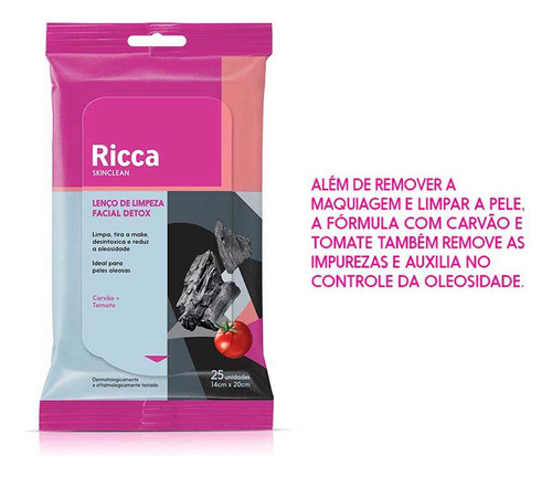 Lenço De Limpeza Facial Detox Carvão E Tomate Ricca 25und 1