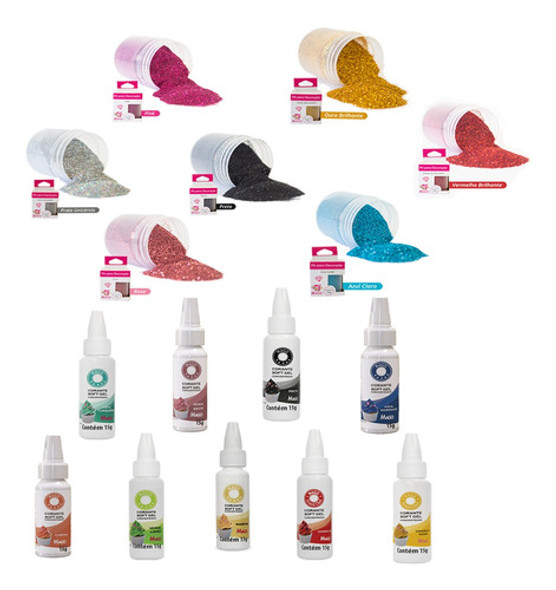 Kit 9 Corante Gel Concentrado 7 Glitter Furtacor Comestível 0