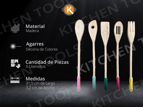 Set Utensilios Madera Cocina Cuchara Espátula  X5 1