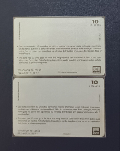 2 Cartões Telefônicos Pioneiros: Tiê Sangue. 2 Casas. 1
