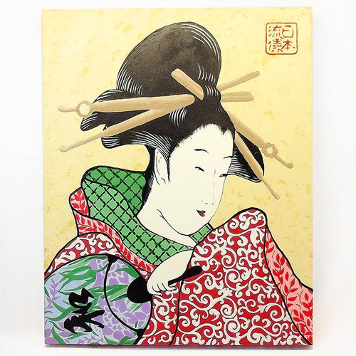 Quadro Gueixa Ukiyoe Acrílico Pintado À Mão / Feng Shui Zen 0