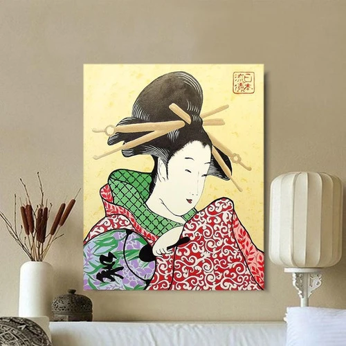 Quadro Gueixa Ukiyoe Acrílico Pintado À Mão / Feng Shui Zen 1