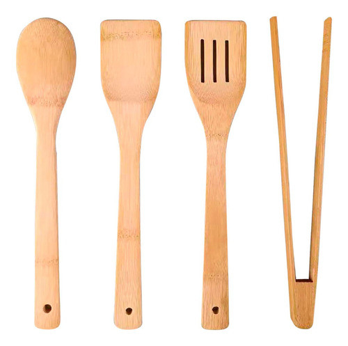 Set De 4 Utensilios Bambu Pinza 2 Espatulas Y Cuchara Color 0