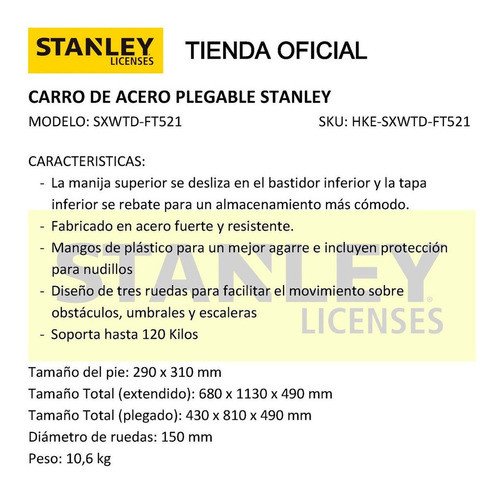 * Carro De Acero Plegable Stanley Ft521 Zorra Hasta 120 Kg 1
