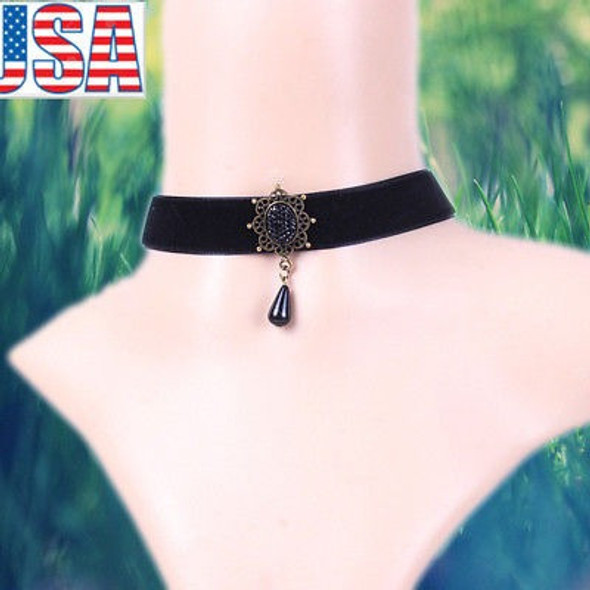 Moda Niña Terciopelo Negro Gott Collar Perla Colgante Con Co 0