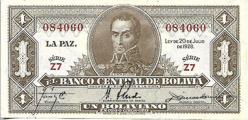 Bolivia Billete 1 Boliviano Año 1928 Sin Circular Palermo 0