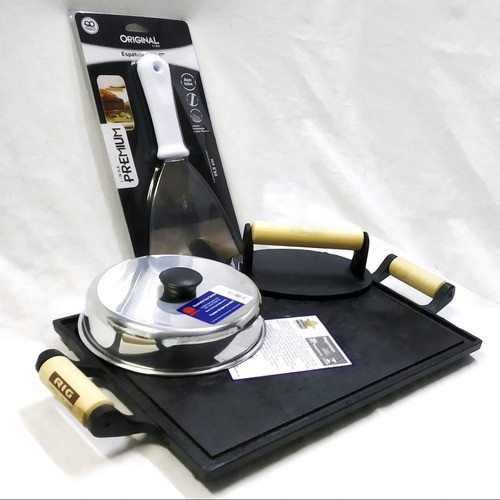 Kit Hambúrguer Lanche Chapa Prensador Abafador Espátula Inox 1