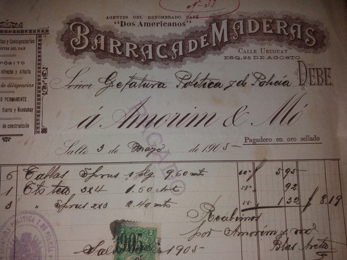 Factura Barraca De Maderas Salto Con Timbre De 1905 Amorim 1