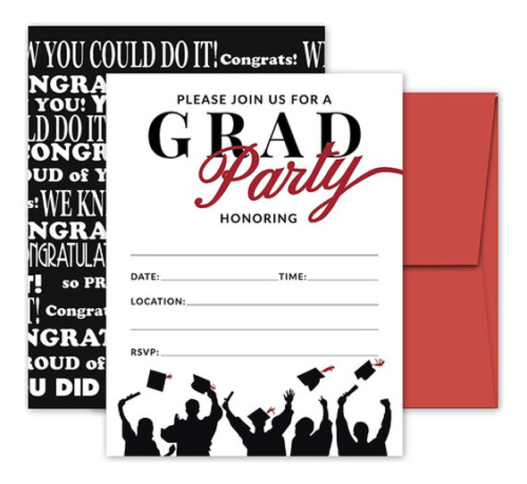 25 Invitaciones Rojas Y Negras A La Fiesta De Graduación Con 0