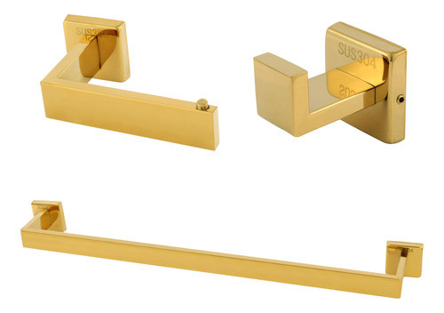 Kit Acessórios 3 Peças Banheiro Lavabo Aço Inox Dourado Gold 0