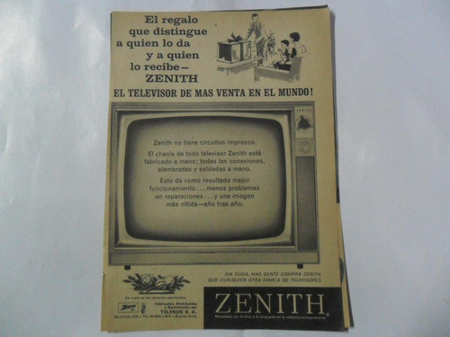 Antigua Publicidad Televisor Zenith Telesud S.a. Tv 1963 0