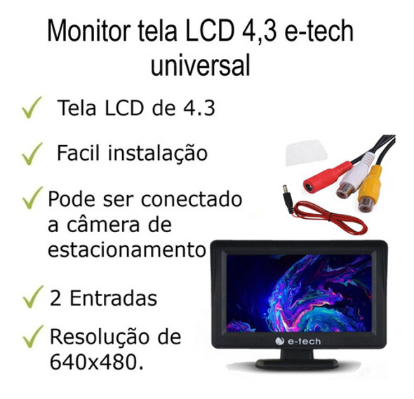 Monitor Lcd Tft 4,3 Automotivo Colorido P Camera De Ré Fixa 1