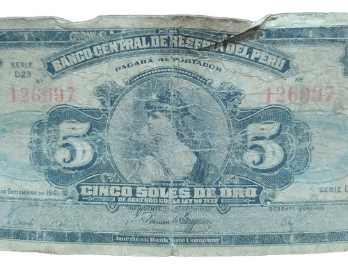 Billete 5 Soles De Oro Perú 1941 Pick# 66a 1