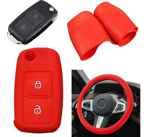 Cubre Volante + Funda Llave Silicona - Amarok Saveiro - Rojo 0