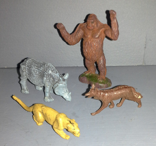 4 Animalitos De Plastico Antiguo Juguete Gorila Zorro Jaguar 1