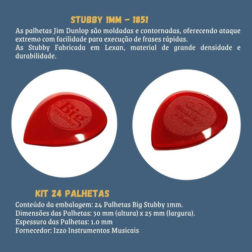 Pack C/ 24 Palhetas Guitarra Dunlop Stubby 1mm - 1851 1