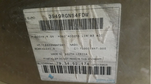 Cristal De Puerta Delantera Derecha De Honda Accord 93 1