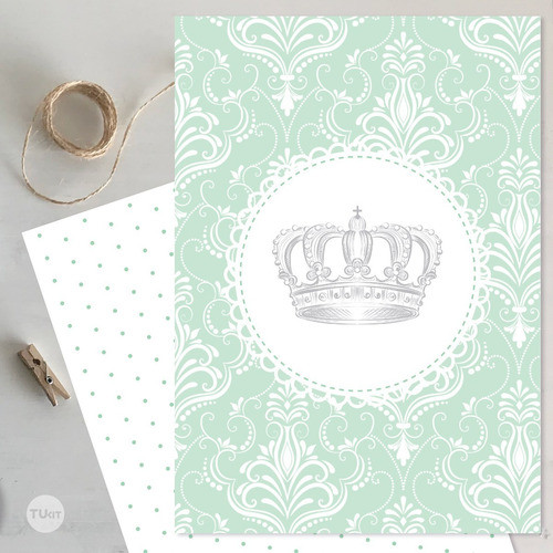 Kit Imprimible Coronita Plata Textura Verde Agua Tukit 1