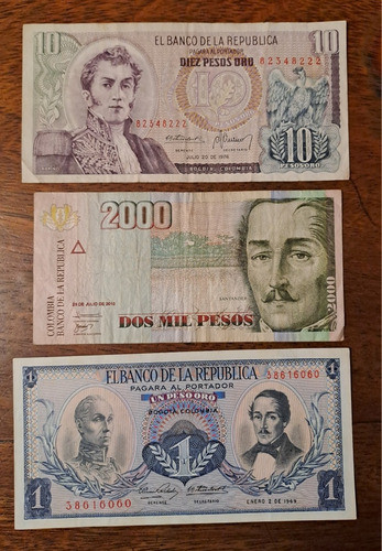 Colombia X 3 Billetes Incluye 1 Peso Oro 1969. Usados!! 0