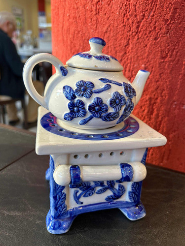 Preciosa Tetera En Cerámica Con Calentador Azul Y Blanco 0