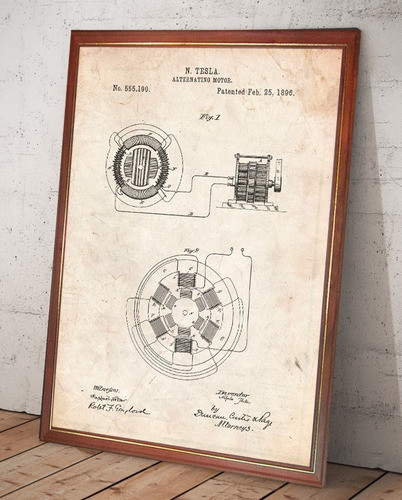 Patente Retro Tesla Motor Alterno En Cuadro Para Colgar 0