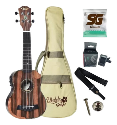 Ukulele Seizi Elétrico Soprano Bora Bora Crush Ebony + Kit 0