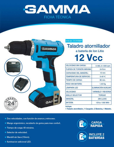 Atornillador Gamma G12105ar 12vcc A Baterí­a 1