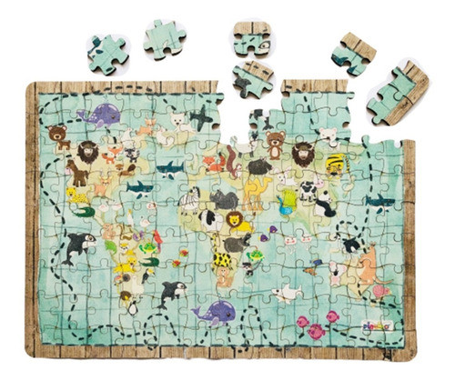 Rompecabezas Mapa Fauna Animales De Mundo 108 Piezas Madera 0