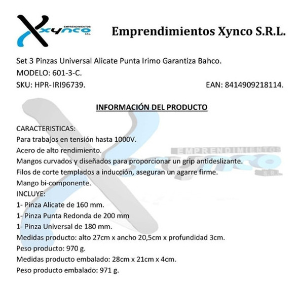 Set De Pinzas Y Alicate Punta Irimo 601-3-c Hasta 1000v 1
