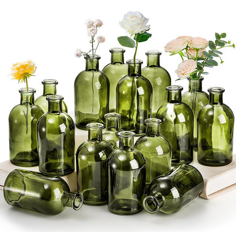 Youeon 16 Pack Small Living Bud Jarrones 8 Oz Green Glass Sm 0