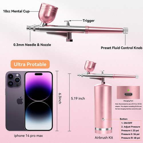 Aerografo Con Compresor 48 Psi Con Boquilla 0.30mm_rosa 1