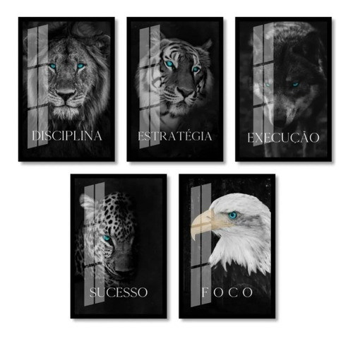 Kit Quadros Decorativos Motivacionais Leão Moldura E Vidro 0